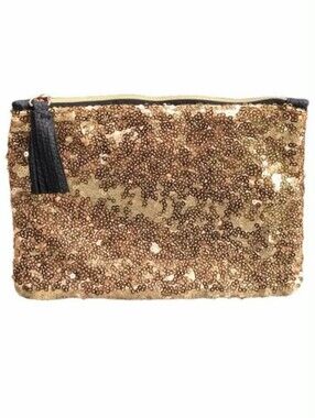 Ipsy Glam Bag Gold & Black Sequin Textured Makeup Bag with Tassel Pull *NEW